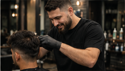 Barber working with a client inside Kal's Barbershop