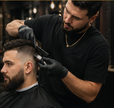 Barber giving a client a sharp fade inside Kal's Barbershop